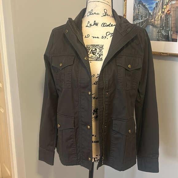 NWT grey/olive fitted utility jacket w corduroy collar and fun floral lining! XS - Picture 3 of 6